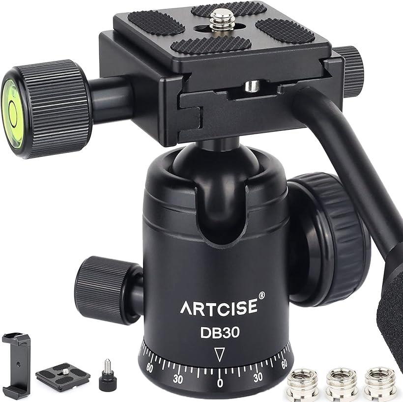 【全品P5倍★お買い物マラソン】【楽天ランキング1位入賞】ボール雲台 クイックシュー付き 軽量 アルミ合金製 360度回転可能 自由雲台 ハンドル バブル水準器 全景撮影 ビデオ カメラ 三脚 一眼レフ DSLR 用 1/4ネジ ブラック