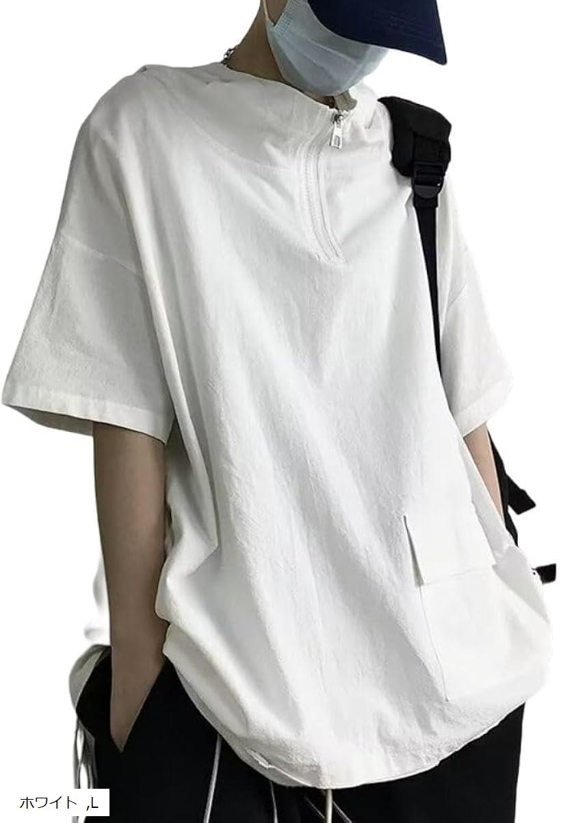 パーカー メンズ 夏 半袖 トップス 大きいサイズ 薄手 ファスナー ポケット 付 無地 春 Tシャツ フーディー オリーブ 2XL ブラック M XL ホワイト L