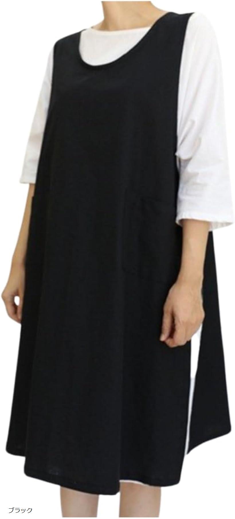 大きいサイズ エプロン 家事 育児 介護 ロング丈 レディース ポケット ゆったり プラスサイズ ブラック