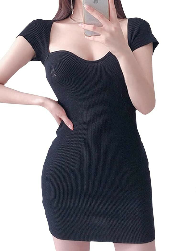 Other - 胸 開き オフショルダー セクシー タイト シンプル ミニ ショート 丈 カジュアル ワンピース 半袖 薄手 リブ ニット レディース (ブラック, Free Size)