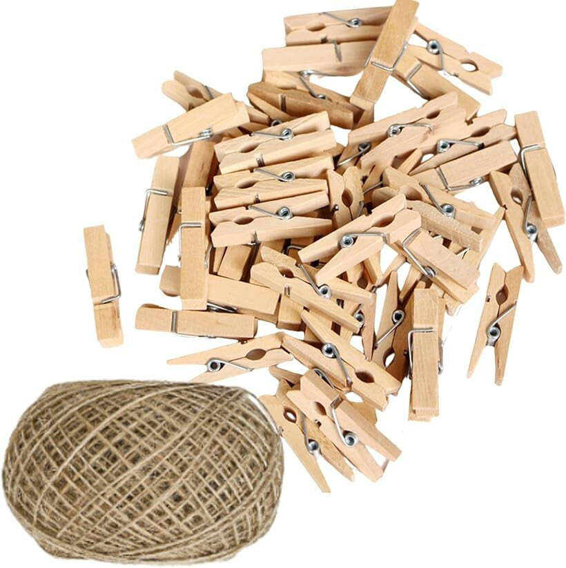 【楽天ランキング1位入賞】ミニクロスピン DIY写真ガーランド 麻紐 木製ピンチ 工芸品写真ぶら下げ 写..