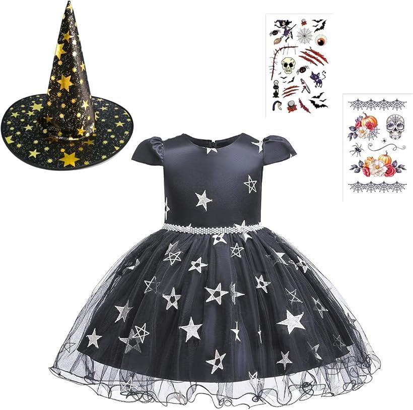 ZAIDEA 魔女 ドレス 子供 ハロウィン 衣装 タトゥーシール付き 3点セット 仮装 パーティー クリスマス 黒