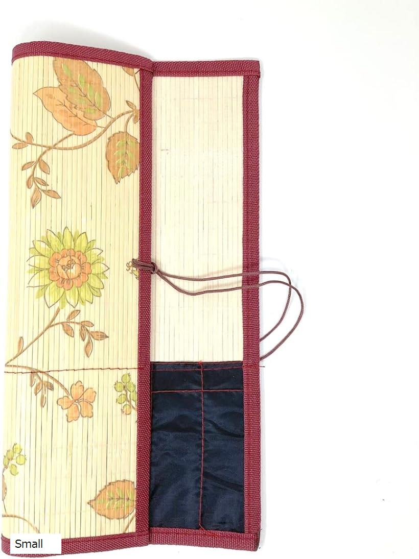 筆巻き 花柄 ポケット付き 収納 持ち運び 書道 竹製 コンパクト S Small