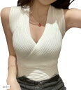 レディース リブニット トップス ノースリーブ 半袖 Vネック カシュクール tシャツ カットソー アイボリー ブラック ベージュ ホワイト