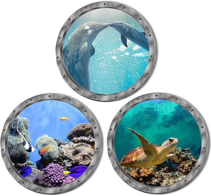 Rakuten - 3D ウォールステッカー イルカ ウミガメ 熱帯魚 壁紙 3枚セット 約29cm