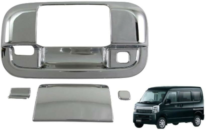 メッキ ドアハンドルカバー リアハッチノブ皿セット スズキ エブリイバン DA17V 外装 パーツ ガーニッシュ クロームメッキ 両面テープ取付 ドレスアップ 傷防止 ハスラー ワゴンR バックドア