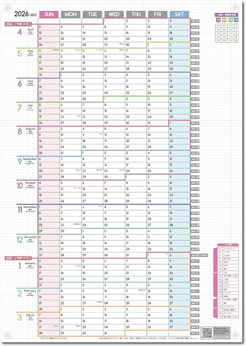 1年連結カレンダー ポスター 1枚 2026年 4月始まり 日曜始まり 大きい 壁掛け 令和8年...