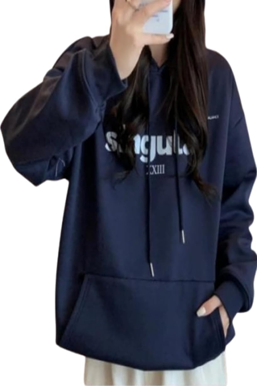 裏起毛 パーカー フード付き プリントパーカー プルオーバーゆったり トップス 前ポケット付き JP アルファベット M 紺色 (ネイビー, M)
