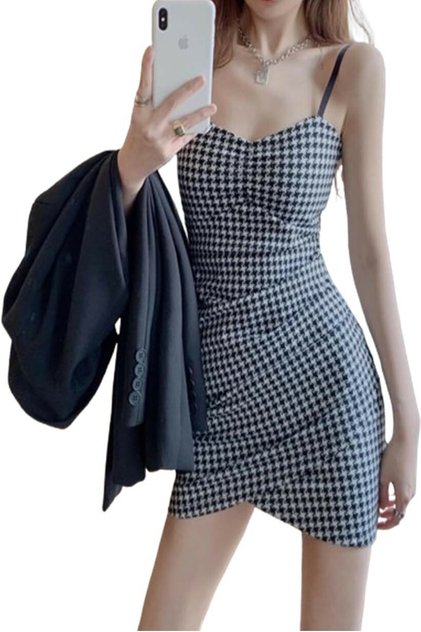 Rakuten - キャミワンピース レディース 千鳥格子 ミニ丈 タイトワンピース 細見え 着痩せ セクシー 大人女子 デートコーデ (ブラックホワイト, S)