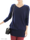 ゆったり 綿100% ニット ワイド リブ プルオーバー セーター Vネック レディース ネイビー 2L-3L