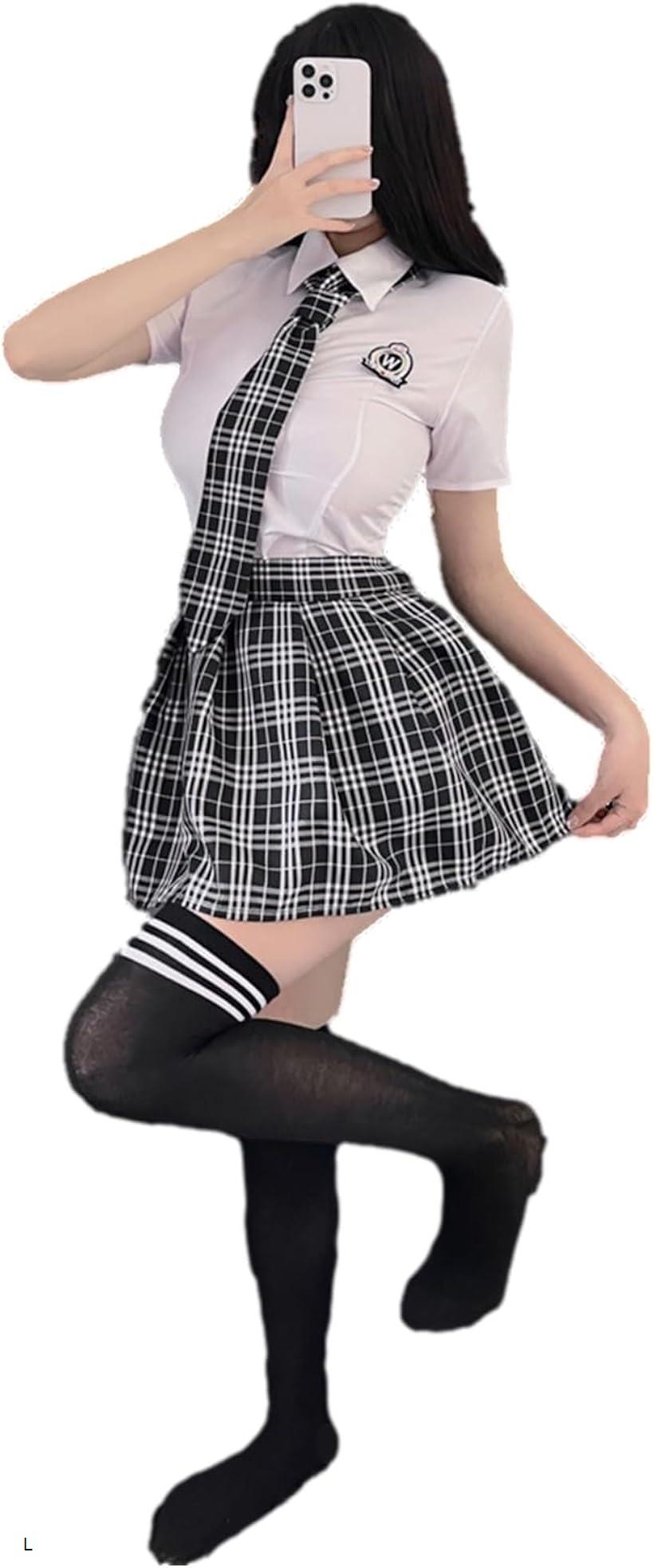 ジーティアモ 制服 女子高生 コスプレ jk スカート 制服セット ネクタイ 靴下 付き 4点セット ハロウィン コスチューム かわいい オシャレ レディース ワイシャツ ボタン ミニスカート 高校生 制服コスプレ L
