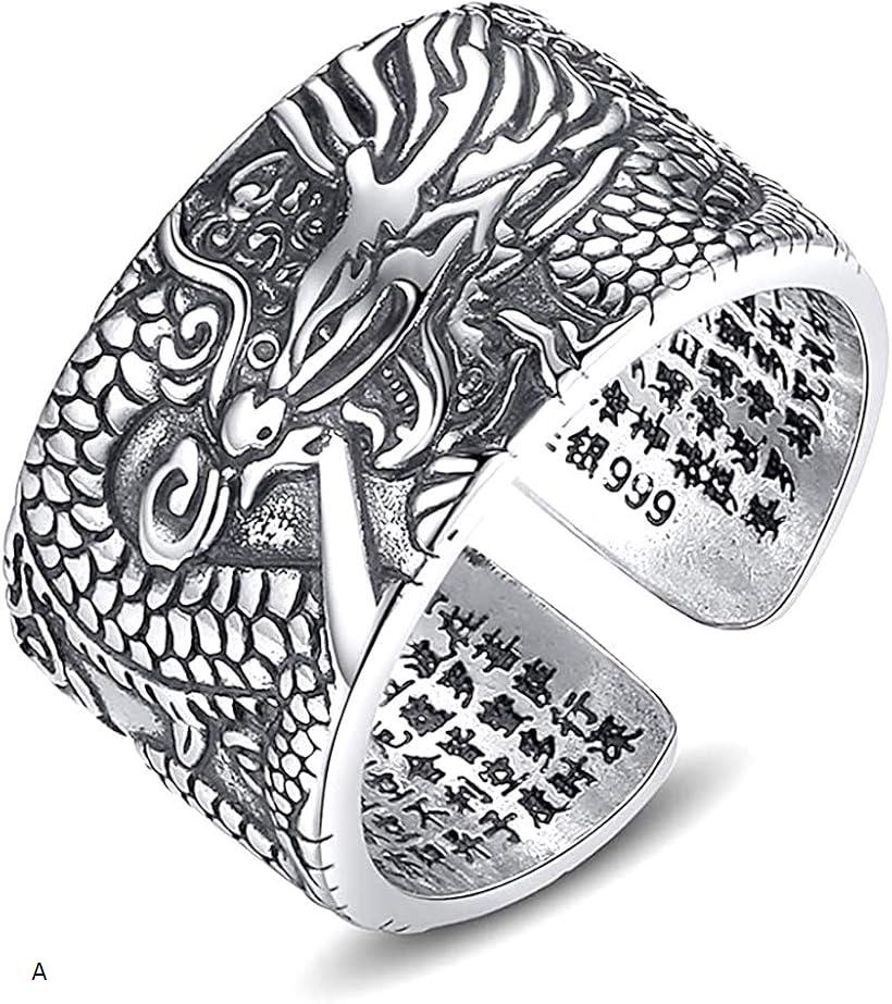 999純銀製 鑑定書付き 仏説摩訶般若波羅蜜多心経 シルバー アクセサリー メンズ 18-23調節可能 指輪 龍 ドラゴン リング お守り御本尊 A