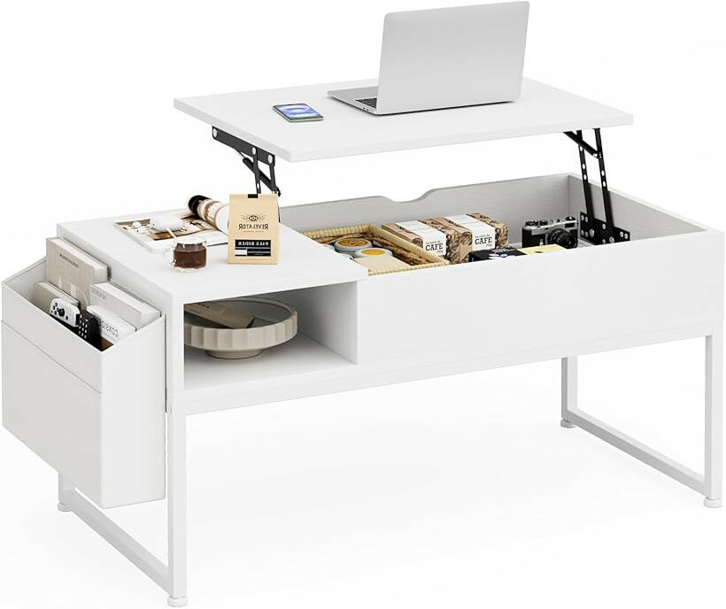 Rakuten - ローテーブル 昇降式 コーヒーテーブル 木製 リフティングテーブル 多機能 リビングテーブル 高さ調整 センターテーブル 簡単開閉 ガス昇降式 ダイニングテーブル 幅90x奥行45x高さ46-59cm (ホワイト, 幅90x奥行45)