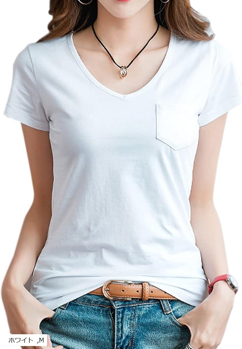 BT28 Tシャツ 半袖 Vネック 胸ポケット カットソー トップス レディース オシャレ S ブラック L レッド XL ホワイト M