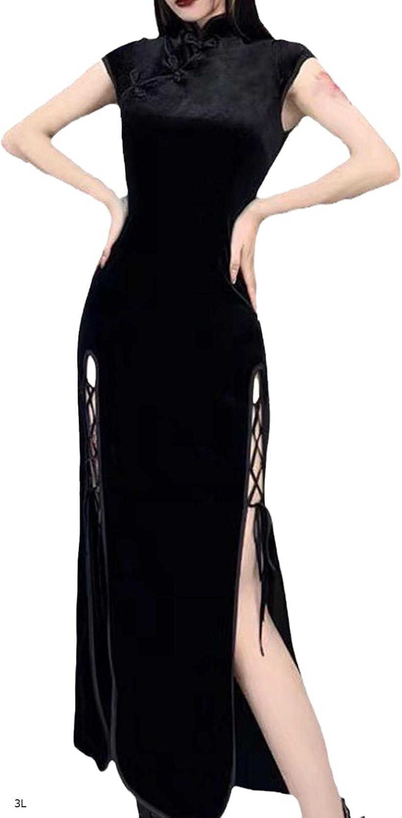 チャイナ服 ロング 丈 ドレス 結婚式 ゲスト 衣装 ワンピースドレス 大きいサイズ 黒 3L L 2L 3L