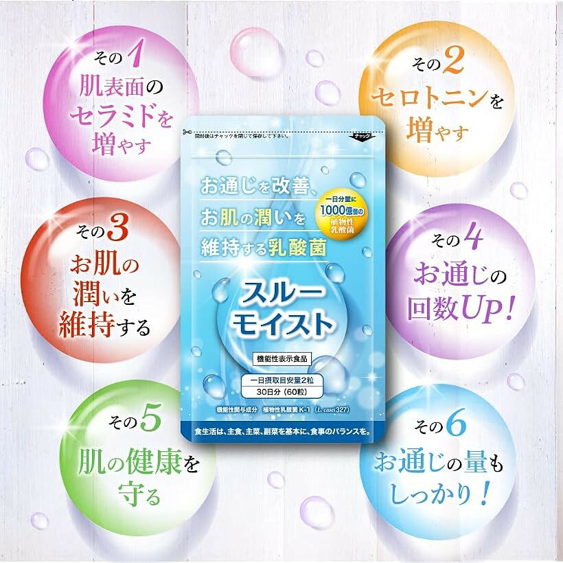 スルーモイスト 植物性乳酸菌K-1 サプリ 60粒 1ヶ月分 機能性表示食品