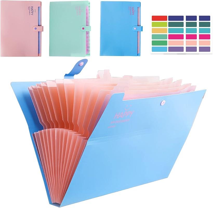 ファイルケース 3点セット 12ポケット ドキュメントファイル 収納ケース アコーディオンフォルダー 青 ..