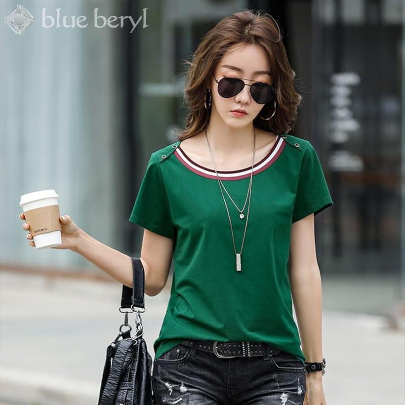 Tシャツ レディース 半袖 カットソー ラウンドネック トリコロール 配色ライン
