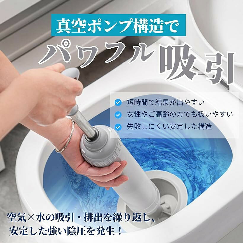 エムラインストアの強力吸引で詰まりを素早く解消 真空ポンプ式トイレクリーナー すっぽん トイレ詰まり改善 手動ポンプ 使い回せる 自宅から店舗まで幅広く対応 ラバーカップ パイプクリーナー 加圧 (グレー, 48cmx13cm)｜アングル3