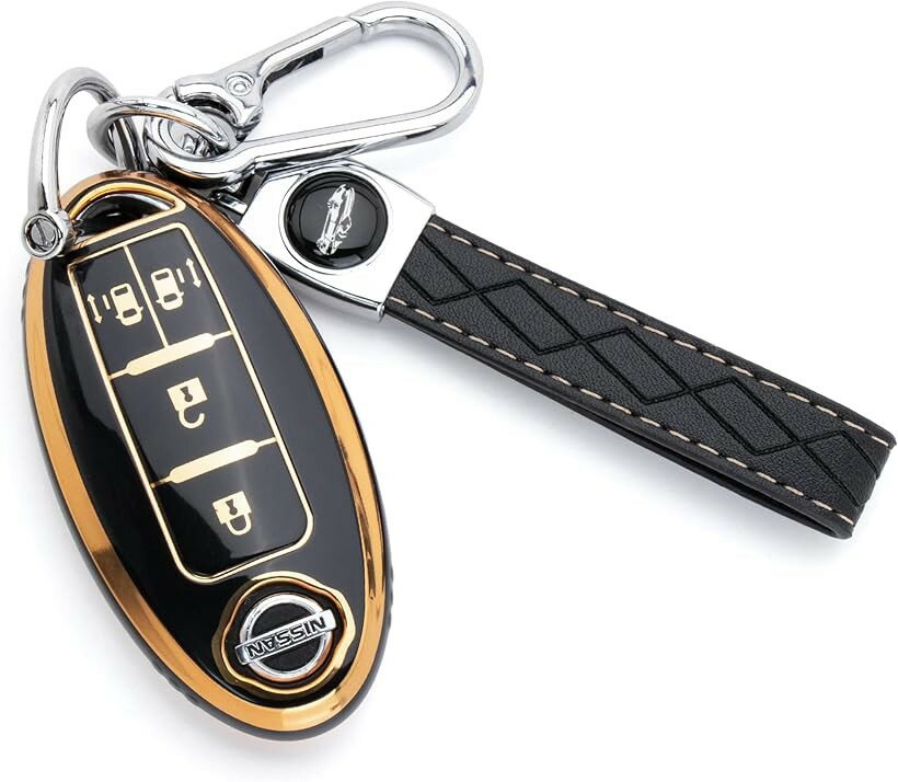 日産 スマートキーケーススマートキーをさらにスマートに 全面保護 防汚 防滴 TPU 軽量 セレナ エクストレイル ノート エルグランド ノートオーラ マーチ スカイライン 4ボタン (ゴールドブラック)
