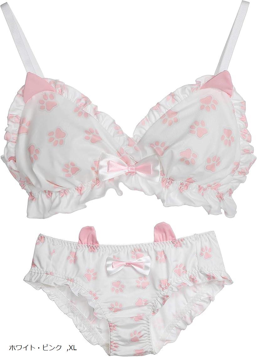 大きいサイズ ゆめかわ フリフリ ノンワイヤー ブラ ショーツ セット ホワイト・ピンク XL