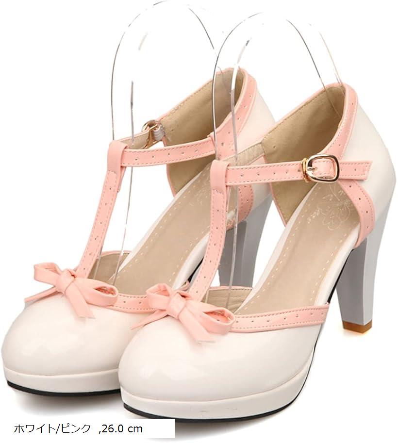 T字型バックル パテントレザー スイート リボン ハイヒール サンダル 26.0cm 28.0 cm 27.0 ホワイト/ピンク 26.0 cm