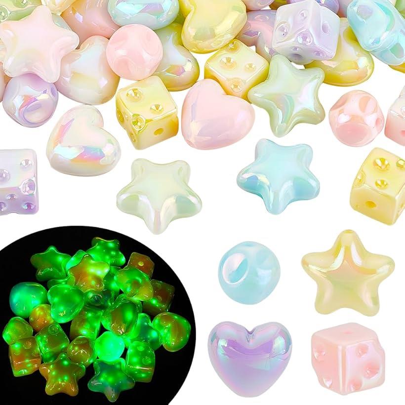 80個 14～21.5x14～23mm 夜光石ビーズ 4タイプ アクリア 蓄光ビーズ 暗闇で光る ルミナスストーン 丸玉ビーズ 多面カット パステルカラー アクセサリーパーツ