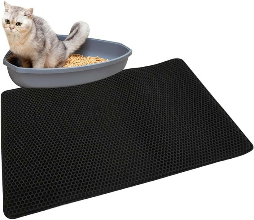 Pet Sheets - 猫砂マット ペットシート 汎用性 飛散防止 2層 掃除しやすい 水洗い ブラック 90cmx60cm (ブラック, 90cmx60cm)