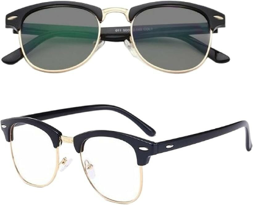 Sunglasses - 調光サングラス ブルーライトカット メガネ サーモントフレーム クラシック 軽量 紫外線カット メンズ Thurmont2 (つやブラック-ゴールド, Free Size)