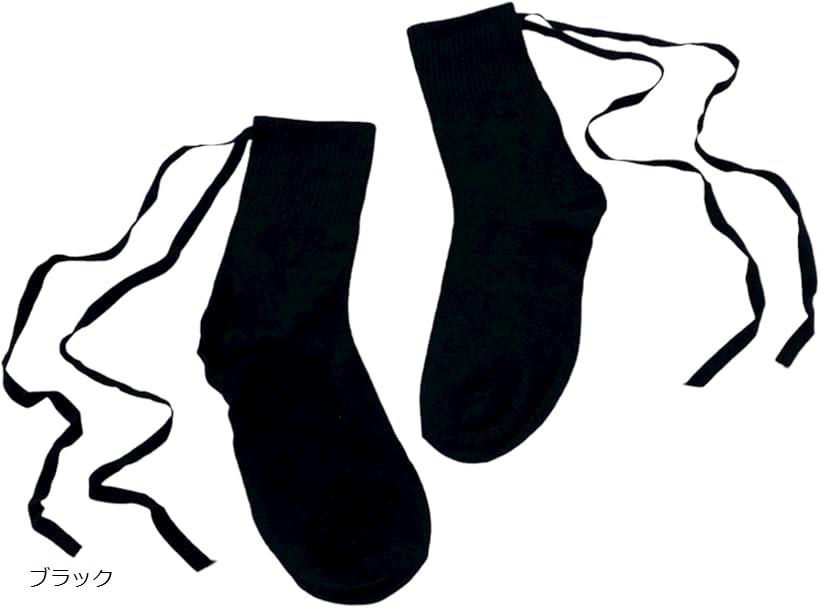 レースアップ ソックス 編み上げ クルーソックス リボン紐 靴下 ブラック