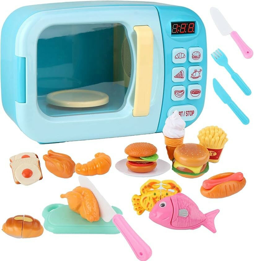 Set - 電子レンジ おもちゃ おままごと キッチン 子供 玩具 音 回る 子ども 31pcs 青 (青)