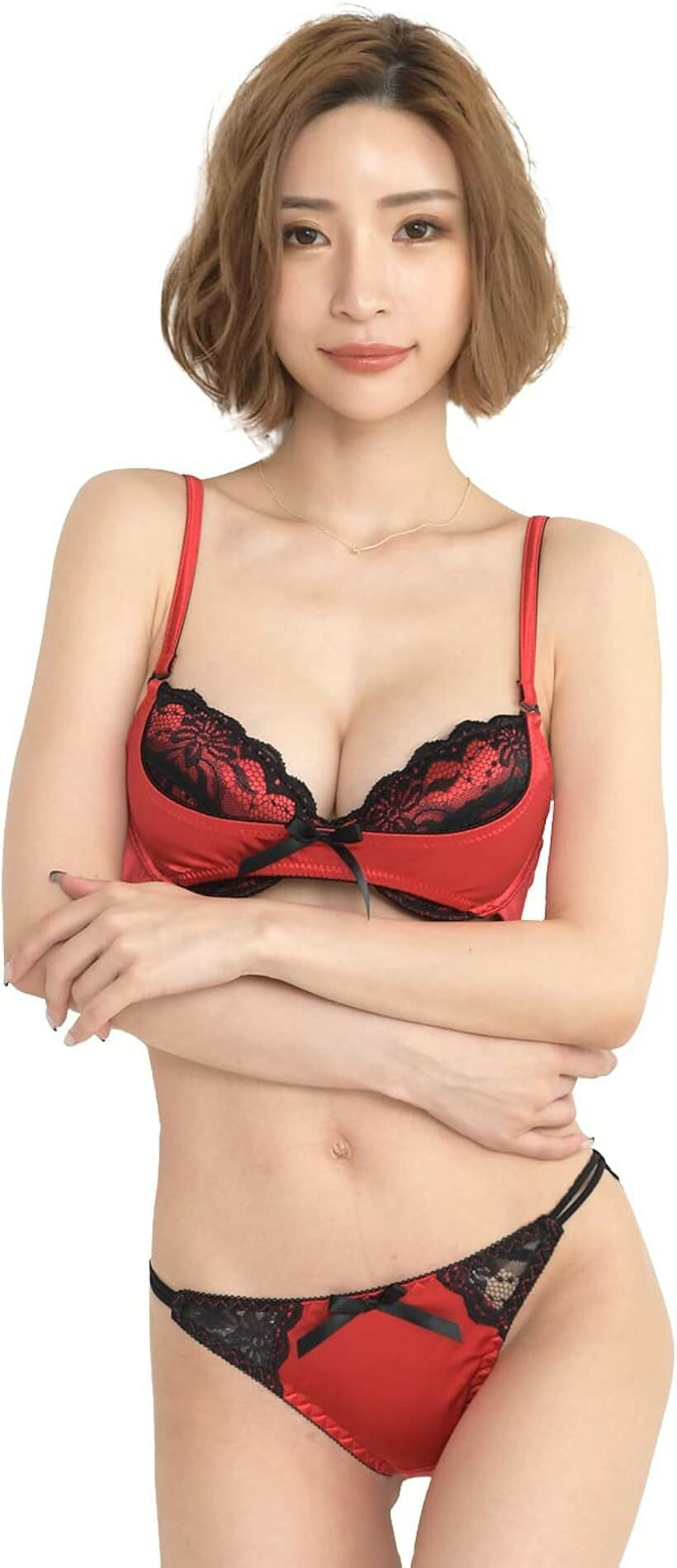 樂天商城 - レディース ブラ ブラジャー ショーツ 上下セット セクシー サテン レース 女性 下着 (レッド, B85)