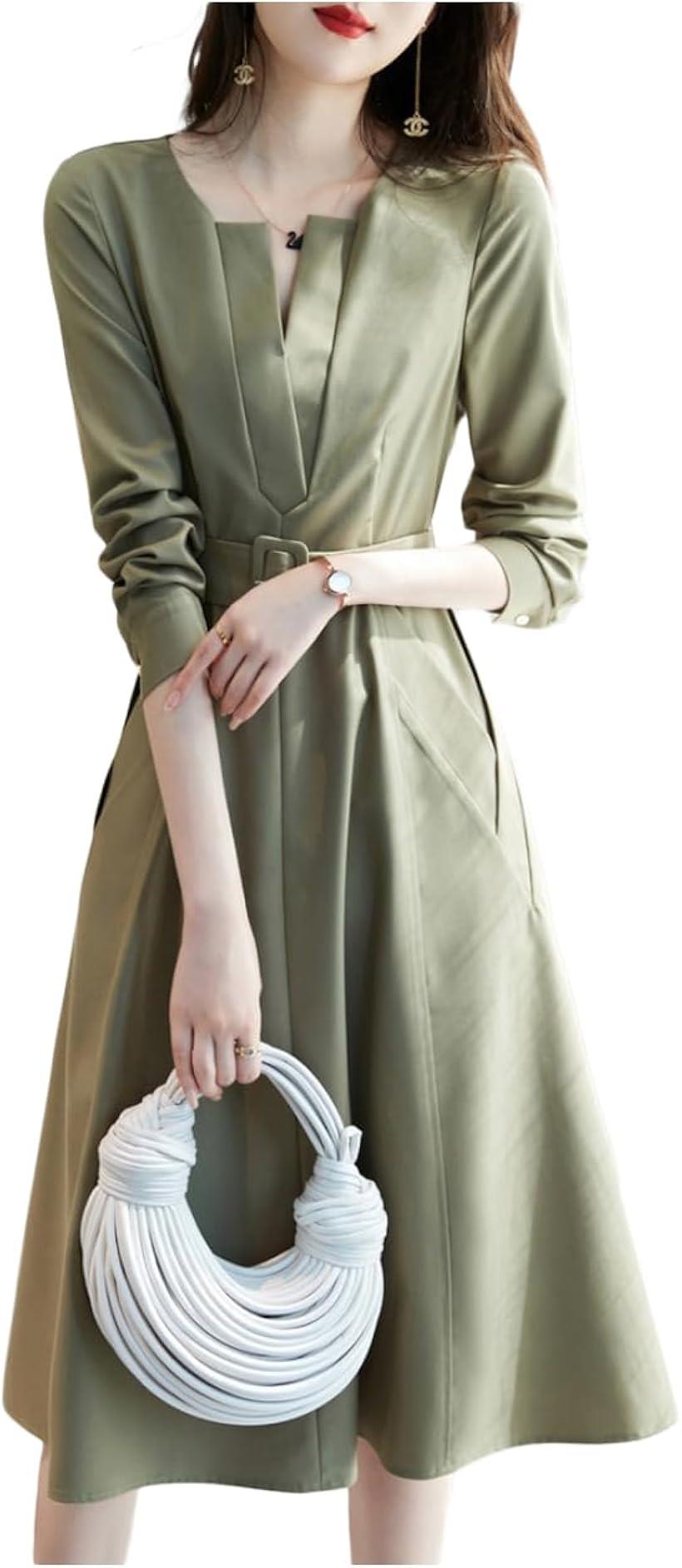切り替えワンピース 長袖 レディース aラインワンピース ベルト付き