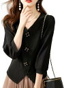 デザインボタントップス 7分袖 襟なし ファスナー付き V字裾カット スタイリッシュ 服 六分袖 春用 抜け感 秋 甘可愛い シック 大きいサイズ 素敵 スプリング 癒し 出勤服 ワーキング JS65(4)