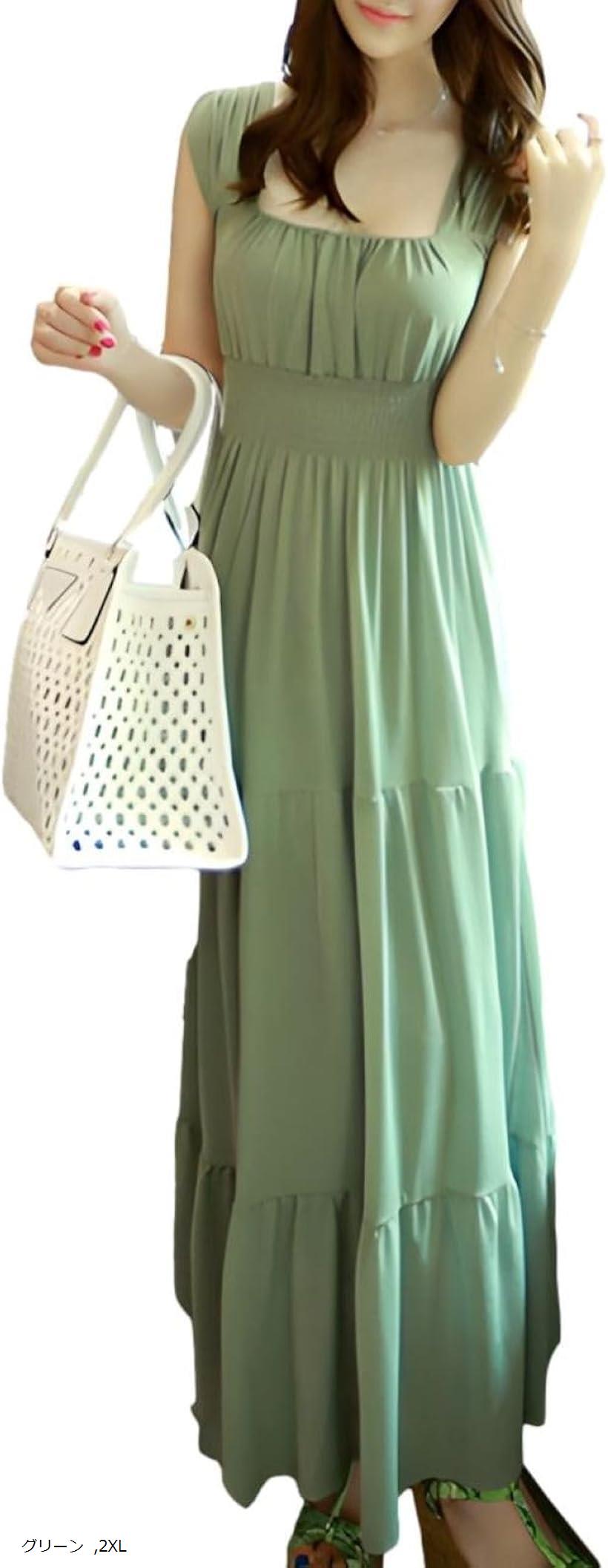 ティアードワンピース マキシ丈 裏地あり ウエストゴム ノースリーブ サマードレス 無地 肌見せ 洋服 ビックシルエット 代 カラードレス Aライン きちんと感 綺麗な おしゃれ 大人 ルーズフィット グリーン 2XL