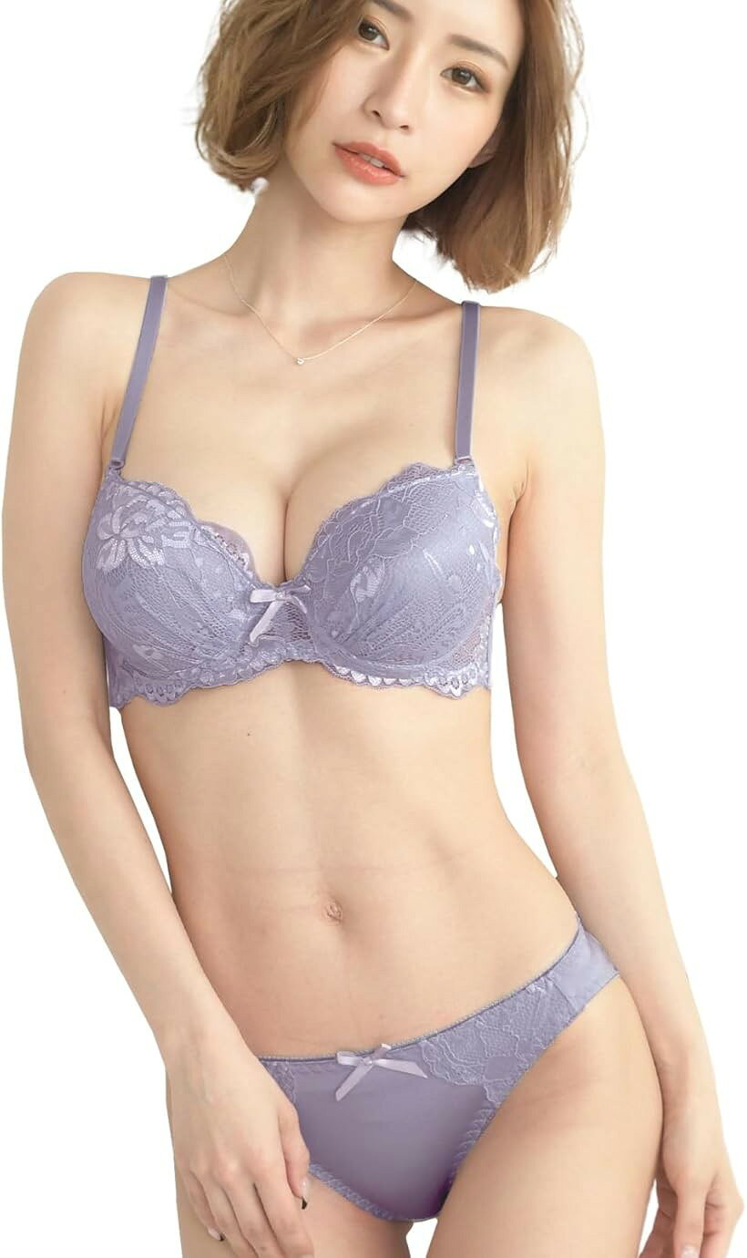 レディース ブラジャー ショーツ 上下セット 下着 ランジェリー レース 女性 3/4 カップ 上品 清楚 可愛い下着セット 厚手ブラジャー ワイヤー入り (スモーキーパープル, A75)