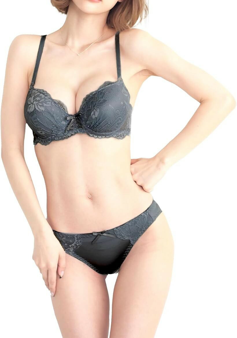 Rakuten - レディース ブラジャー ショーツ 上下セット 下着 ランジェリー レース 女性 3/4 カップ 上品 清楚 可愛い下着セット 厚手ブラジャー ワイヤー入り (ダークグレー, C85)