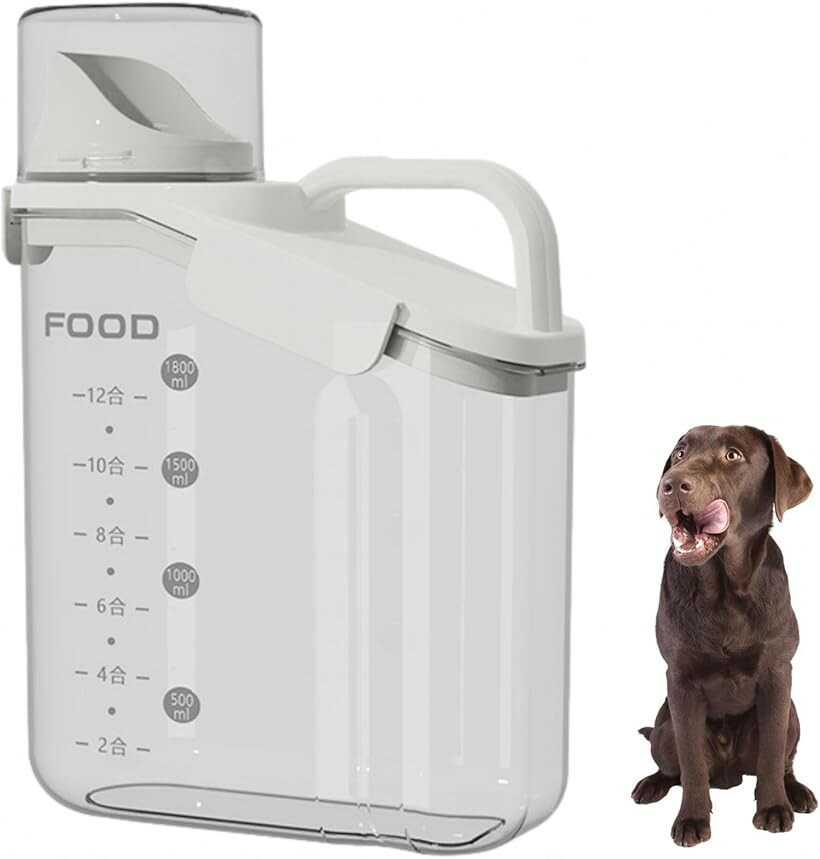 ペットフードストッカー ドッグフード 餌 保存容器 密閉 キャニスター 犬 猫 食品保存容器 ドライフード 残量がわかる 計量カップ付 (2000ml/ホワイト)