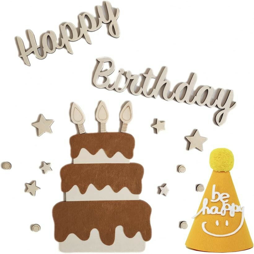Garland - 子供 誕生日 飾付け 木製 バナー 装飾 happy birthday シンプル ケーキ型 とんがり帽子 誕生日装飾 ハーフバースデー 100日 (ケーキ/ブラウン・帽子/イエロー, FREE)