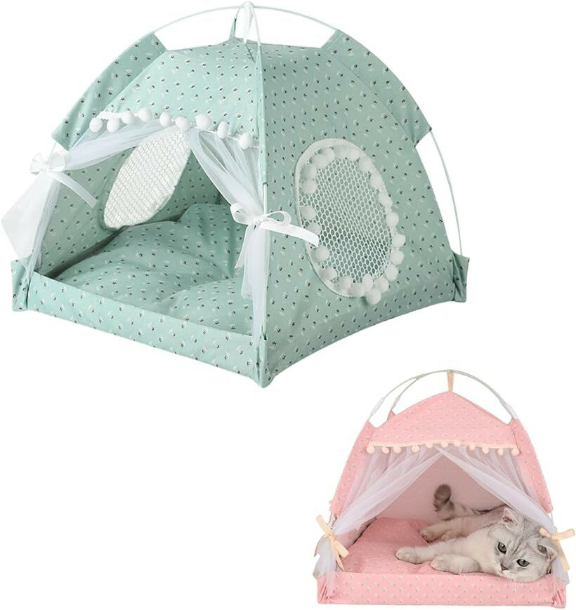 樂天商城 - ペットテント 猫 犬 ペットハウス ペットベッド ドーム型 折りたたみ 組み立て簡単 通気性 可愛い お姫様風 (グリーン, Sサイズ)
