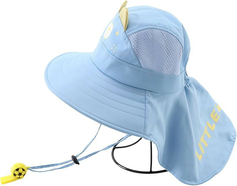 くま 帽子 UVカット 広いつば あご紐 日よけ ネック 首 カバー 通気性 メッシュ 幼児 小学生 男女兼用 公園 アウトドア (ブルー)