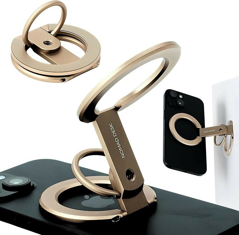 MagSafe対応 多機能 スマホリングスタンド 両面マグネット 三脚接続 2つの関節 軽量薄型 独立したバンカーリング (サンドベージュゴールド)