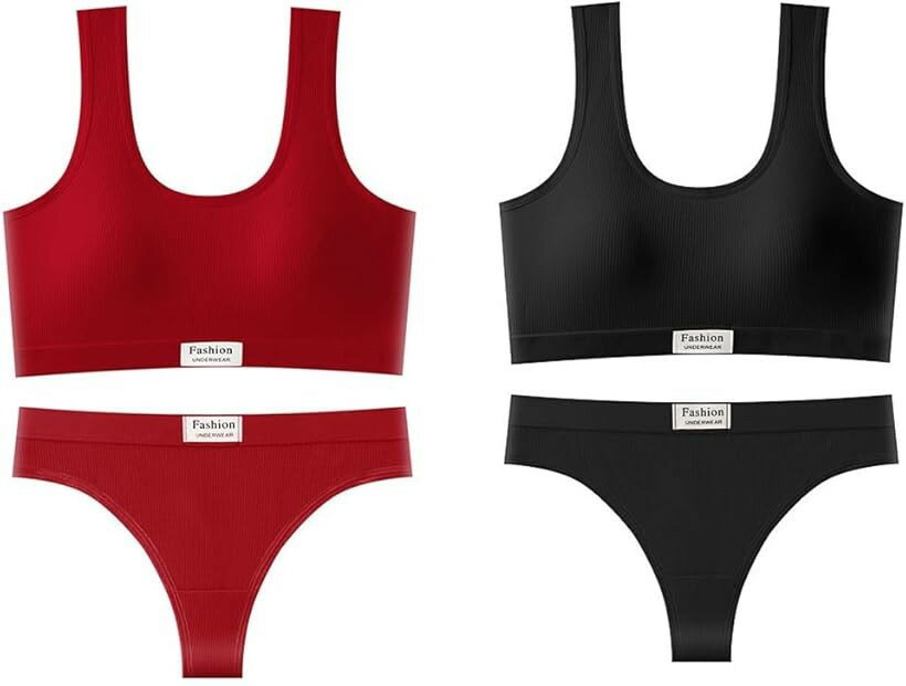 スポーツブラ 上下 セット セクシー Tバック フリーサイズ 2枚 下着 ノンワイヤー レッド ホックなし レッドブラック F (レッドブラック, Free Size)(4.0)