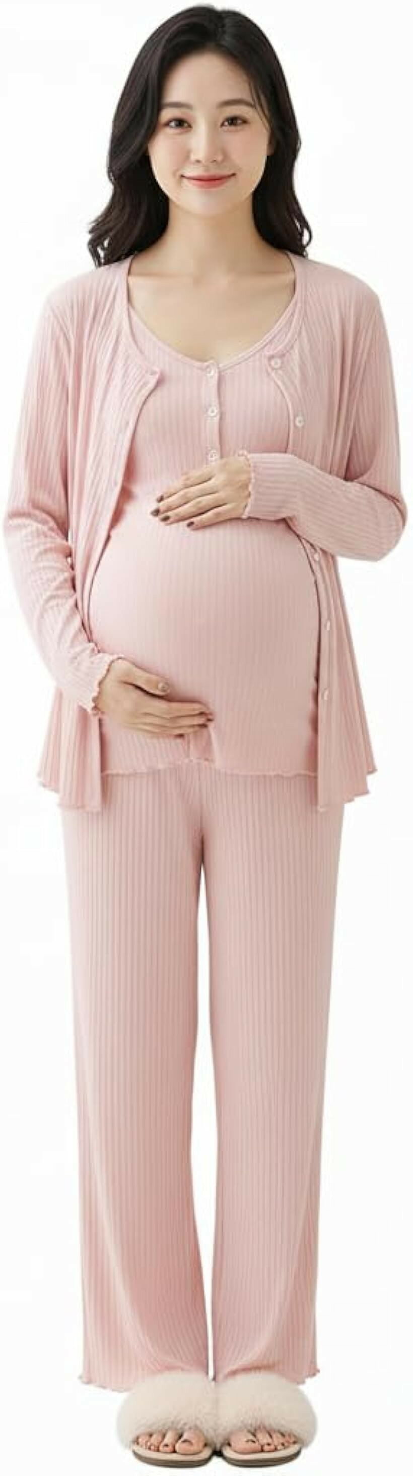 マタニティ パジャマ 授乳 産前 産後 長袖 キャミソール 前開き 春 夏 秋 (ピンク, 2XL)