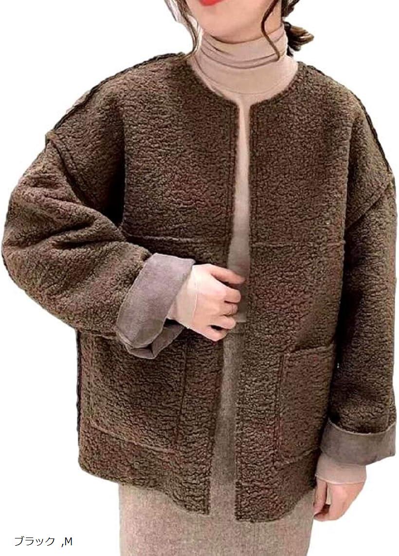 ニブンノイチスタイル ジャケット 襟なし ライン 入り ショート ブルゾン レディース ボア ブラック M(4)