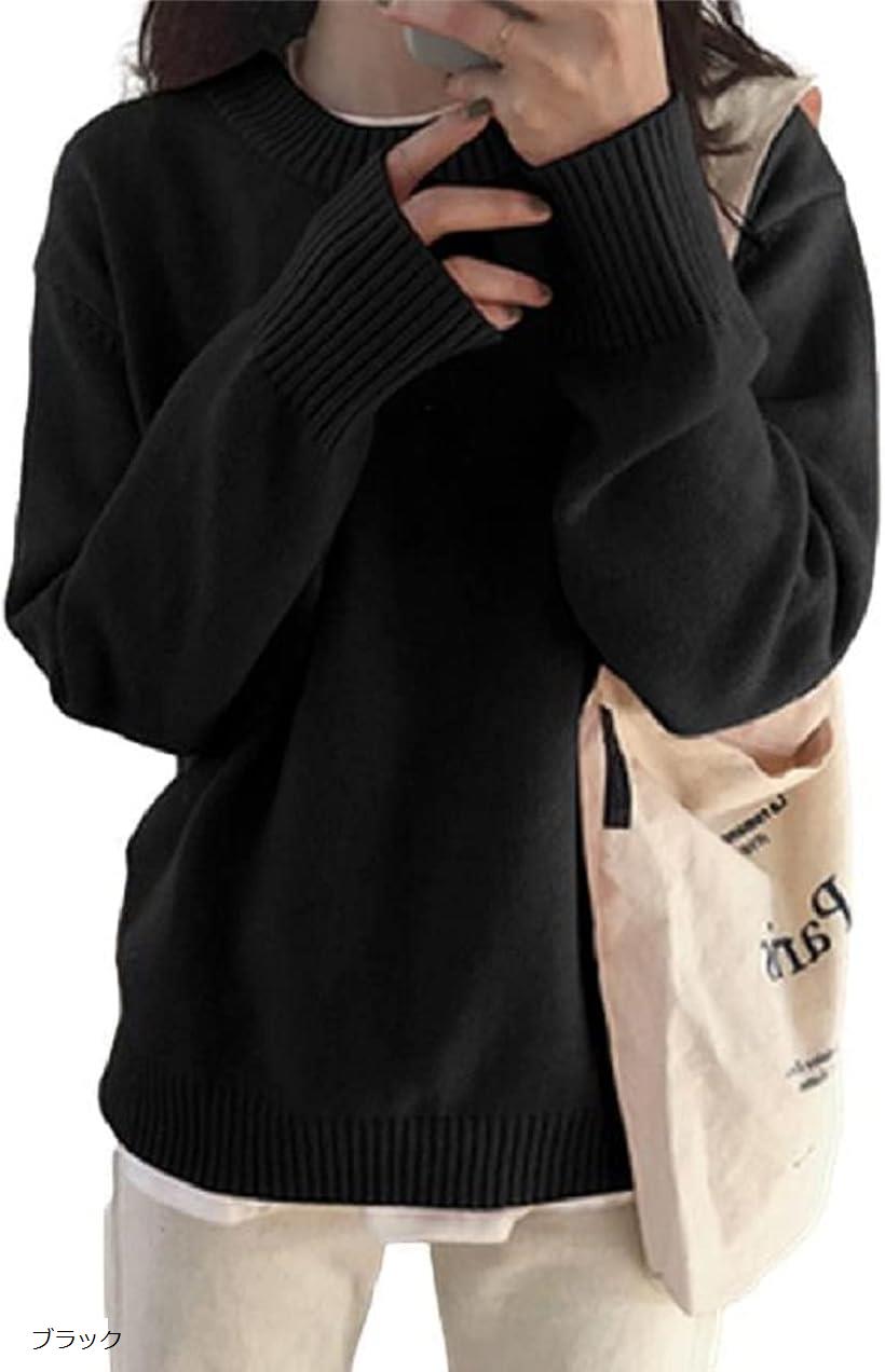 セーター クルー ネック ニット ビジネス 無地 ゆったり レディース 黒 ブラック