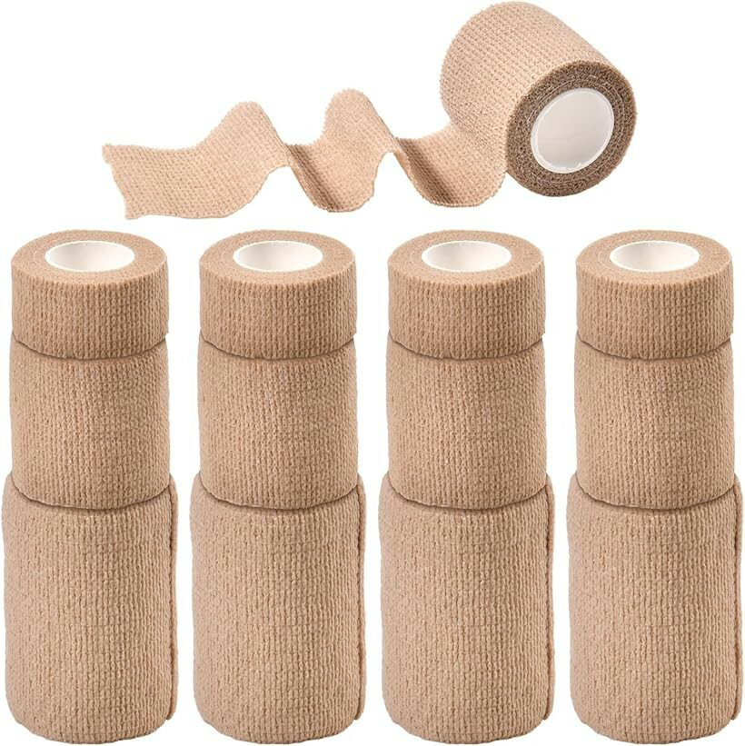 12巻入 自己粘着式包帯巻き くっつく包帯 3 サイズ 2.5x450cm 7.5x450cm 弾性包帯 柔軟な包帯 通気性 圧縮 多機能 家庭用 自着性包帯セット 不織布凝集 アスレチックテープ (肌色)