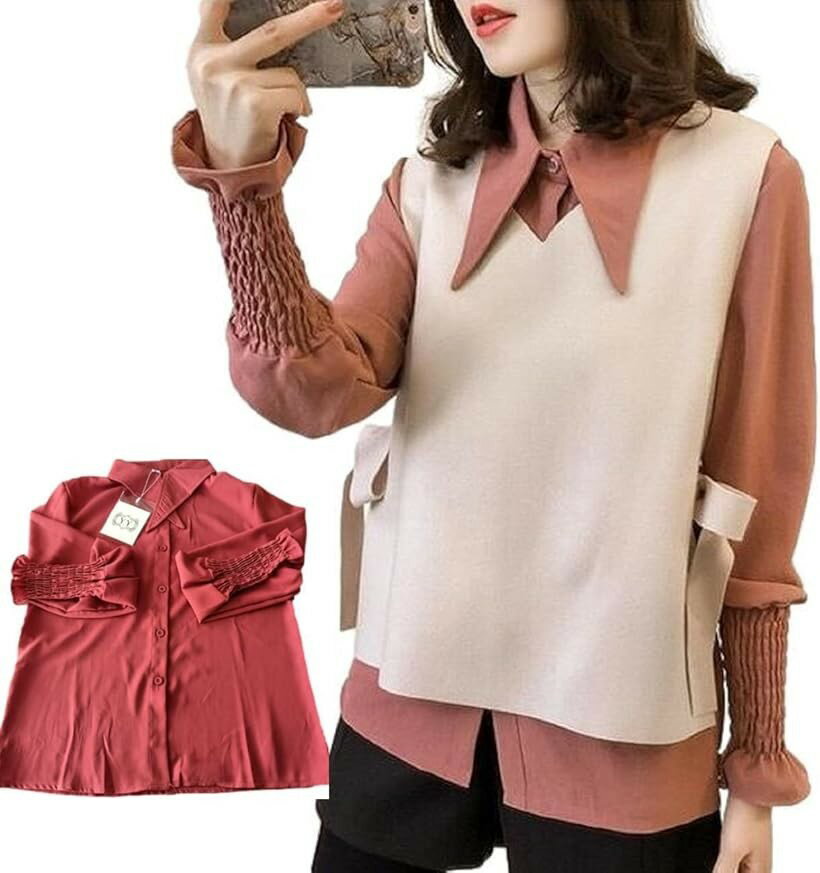Ensembles - ニブンノイチプラス ブラウス ベスト アンサンブル 2点 セット トップス きれいめ レディース 赤 XL (レッド, XL)