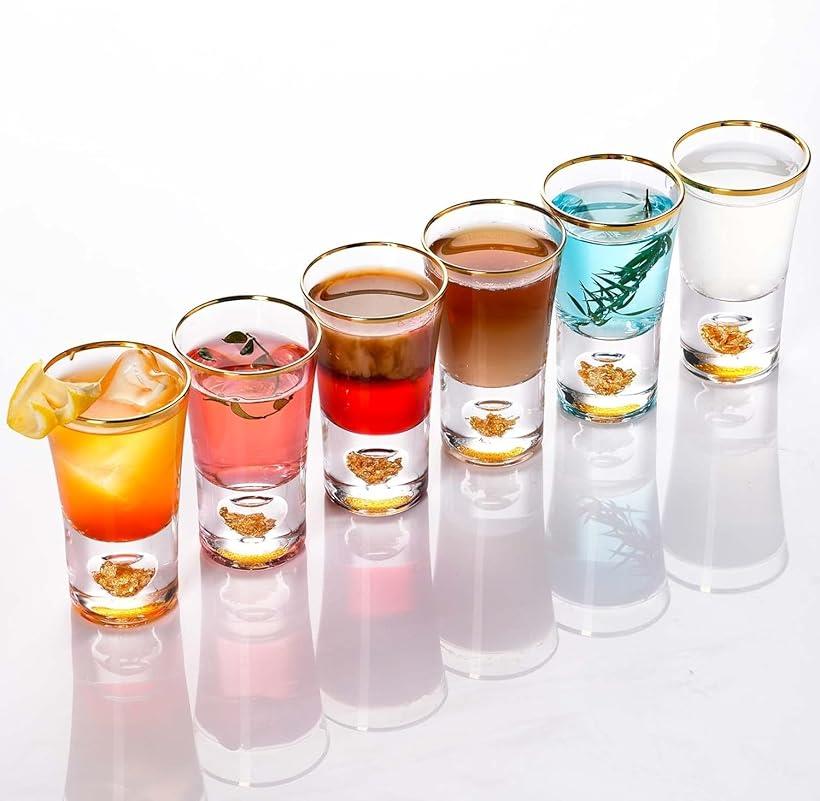 クリスタル ショット グラス 4K金箔フレーク付きヘビーベース 耐熱 カップ ギフト テキーラ エスプレッソ パーティ