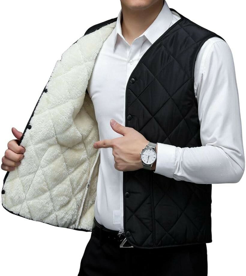 Rakuten - HILLVILLAGE 中綿ベスト 裏起毛 Vネック ポケット付き 超軽量 スタイリッシュ 4XL (ブラック, 4XL)